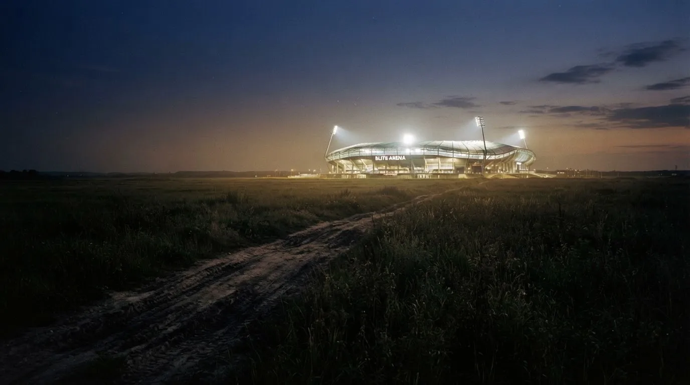 Ein Stadion unter Flutlicht von weitem gesehen, davor ein Feld und ein Feldweg im Dunkeln.